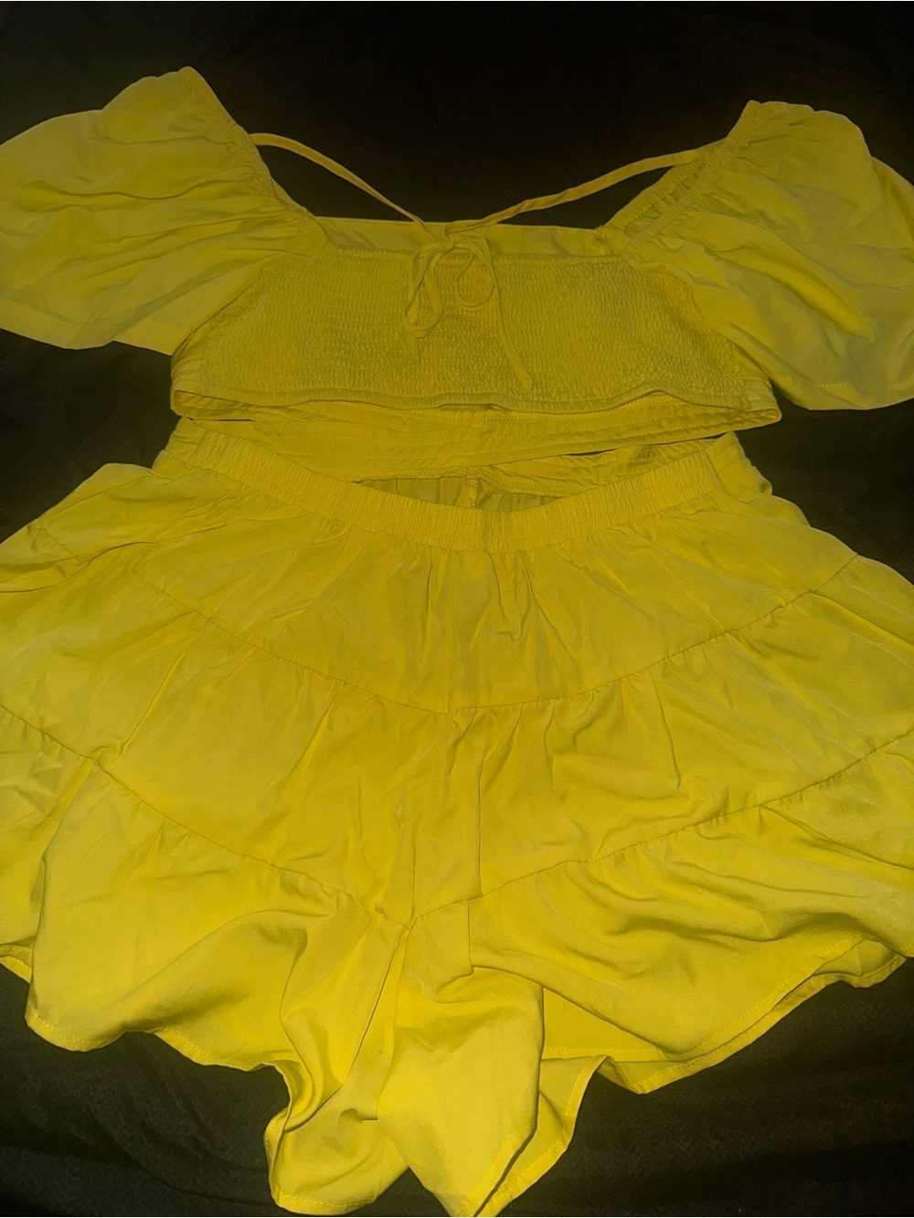 Yellow Two-Piece Puff Sleeve Crop Top and Ruffle Shorts Set
